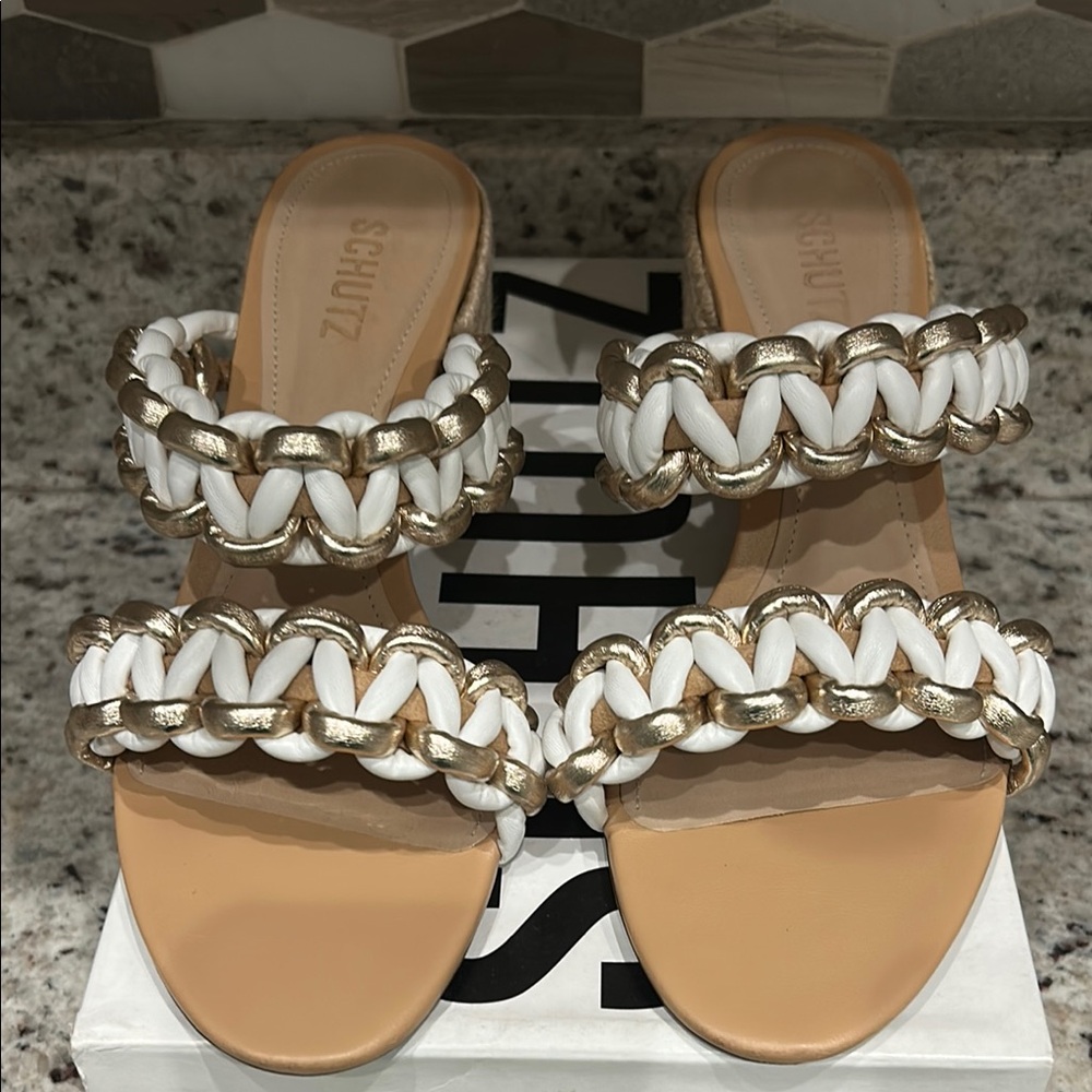 Schutz Women's Gold and White Braided Sandals